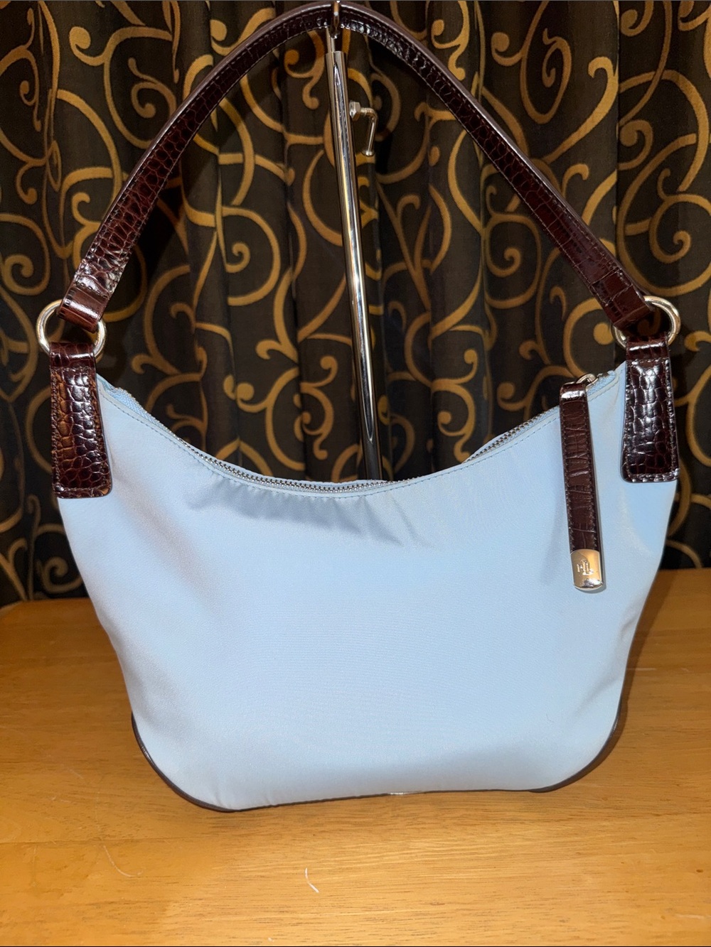 Lauren Ralph Lauren vintage baby Blue Nylon Hobo Bag Croc Embossed Trim